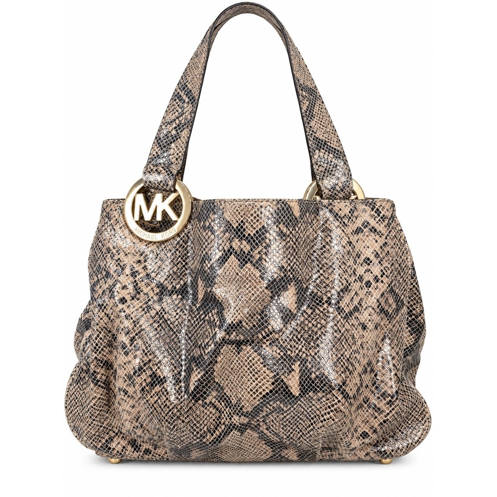 Michael Kors Snakeskin Embossed Leather Shoulder Bag Beige Brown Gold MK Logo